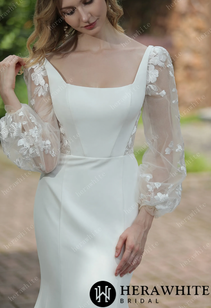 
                      
                        Square Neck Crepe Fit And Flare Wedding Dress With Tulle Bishop Sleeves
                      
                    