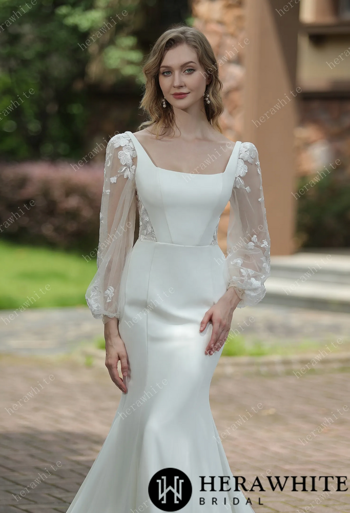 
                      
                        Square Neck Crepe Fit And Flare Wedding Dress With Tulle Bishop Sleeves
                      
                    