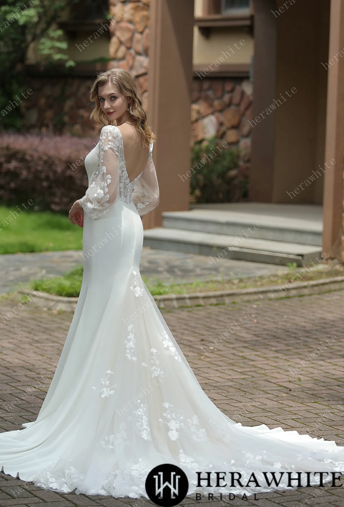 
                      
                        Square Neck Crepe Fit And Flare Wedding Dress With Tulle Bishop Sleeves
                      
                    