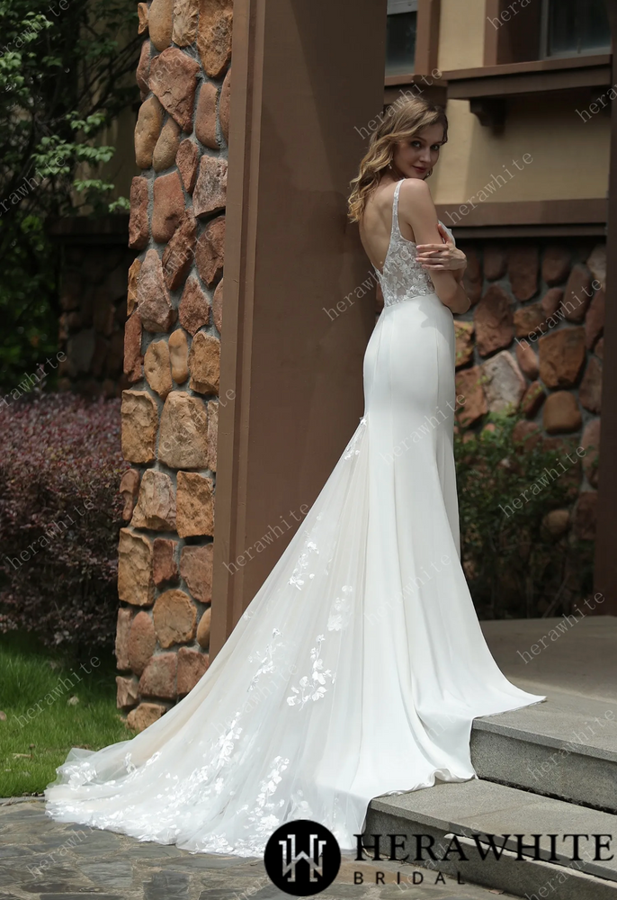 
                      
                        Square Neck Crepe Fit And Flare Wedding Dress With Tulle Bishop Sleeves
                      
                    