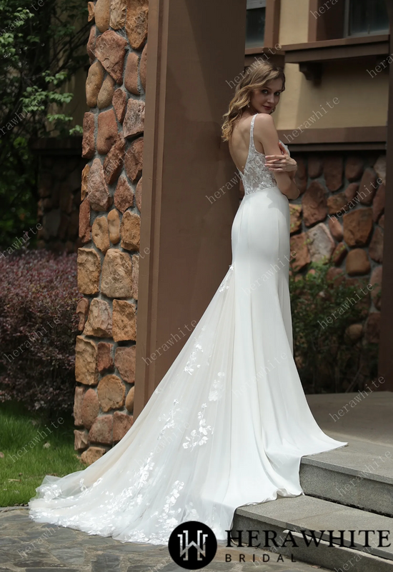Square Neck Crepe Fit And Flare Wedding Dress With Tulle Bishop Sleeves