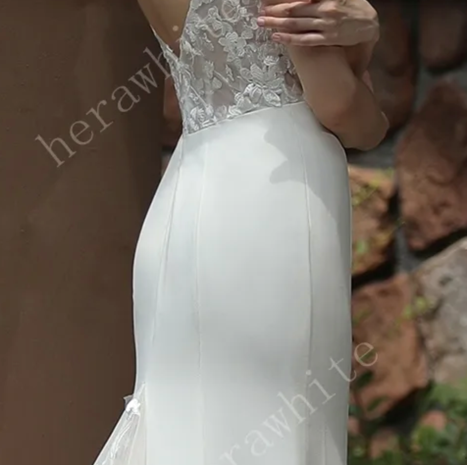 
                      
                        Square Neck Crepe Fit And Flare Wedding Dress With Tulle Bishop Sleeves
                      
                    