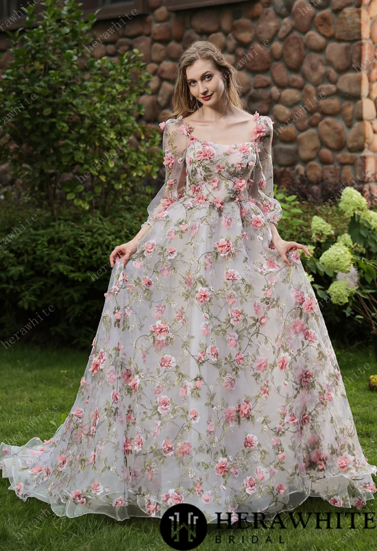 Romantic Square Neckline 3D Flowers Bridal Gown With Detachable Sleeves