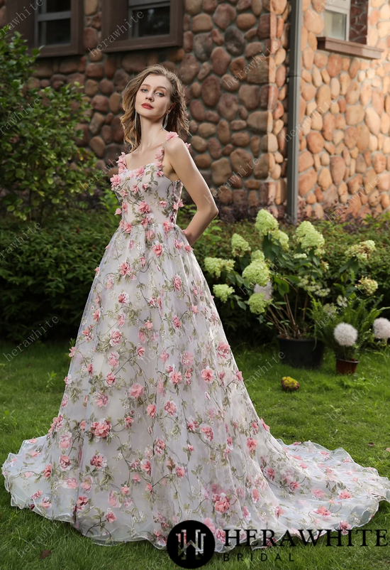 Load image into Gallery viewer, Romantic Square Neckline 3D Flowers Bridal Gown With Detachable Sleeves
