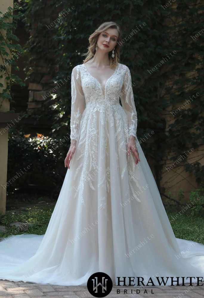 
                      
                        Whimsical Sequined Lace Tulle Wedding Dress With Gathered Bodice
                      
                    