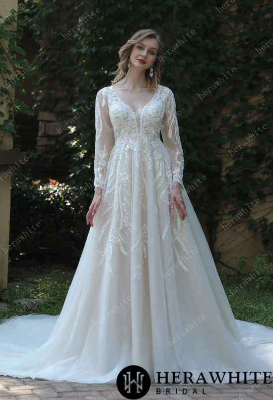 Load image into Gallery viewer, Whimsical Sequined Lace Tulle Wedding Dress With Gathered Bodice

