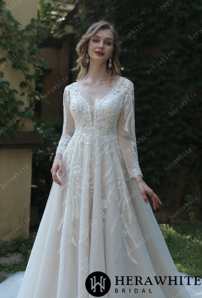 
                      
                        Whimsical Sequined Lace Tulle Wedding Dress With Gathered Bodice
                      
                    