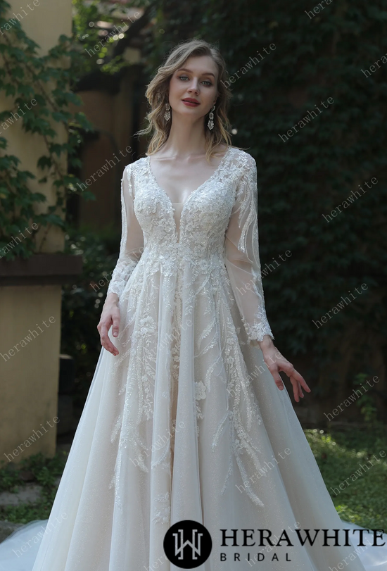 Whimsical Sequined Lace Tulle Wedding Dress With Gathered Bodice