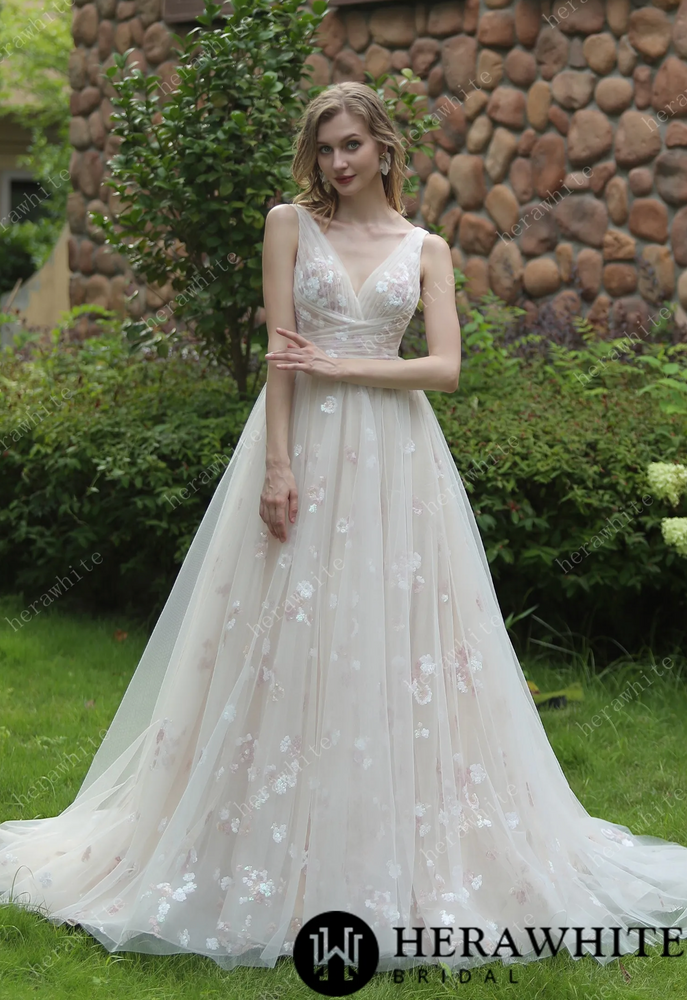 
                      
                        Whimsical Sequined Lace Tulle Wedding Dress With Gathered Bodice
                      
                    