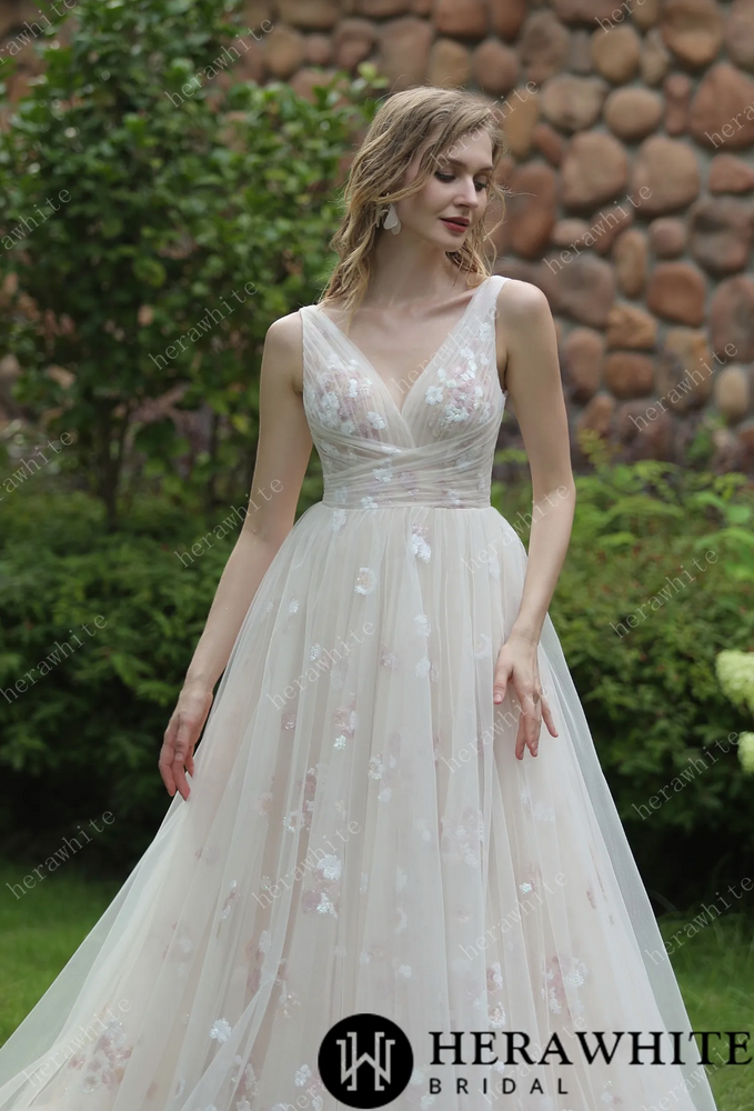 
                      
                        Whimsical Sequined Lace Tulle Wedding Dress With Gathered Bodice
                      
                    