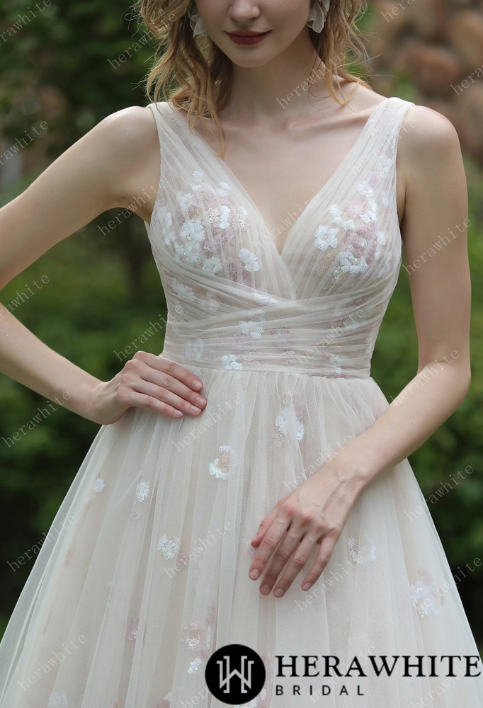 
                      
                        Whimsical Sequined Lace Tulle Wedding Dress With Gathered Bodice
                      
                    