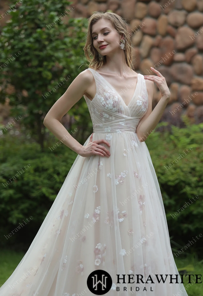 
                      
                        Whimsical Sequined Lace Tulle Wedding Dress With Gathered Bodice
                      
                    