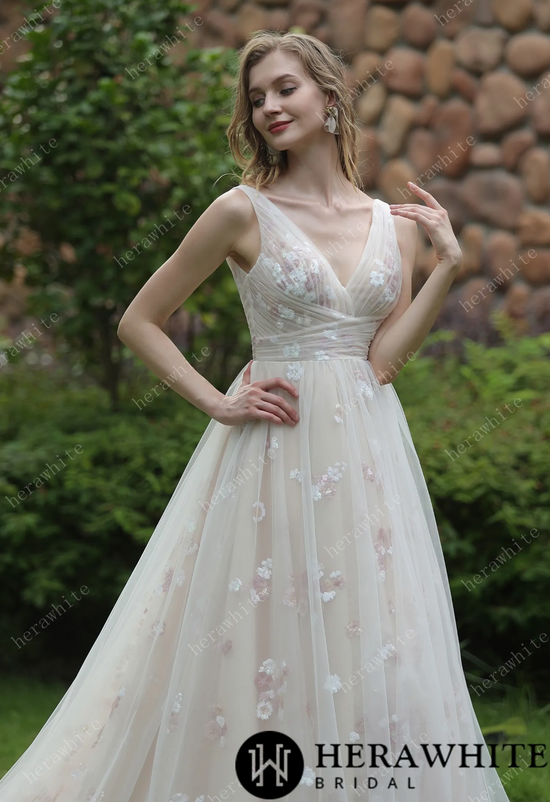 Whimsical Sequined Lace Tulle Wedding Dress With Gathered Bodice