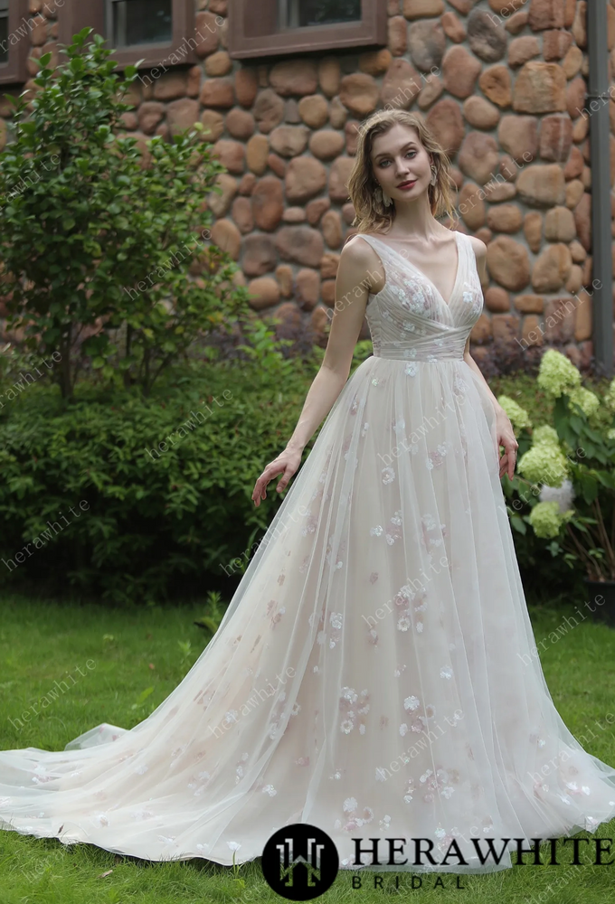 
                      
                        Whimsical Sequined Lace Tulle Wedding Dress With Gathered Bodice
                      
                    