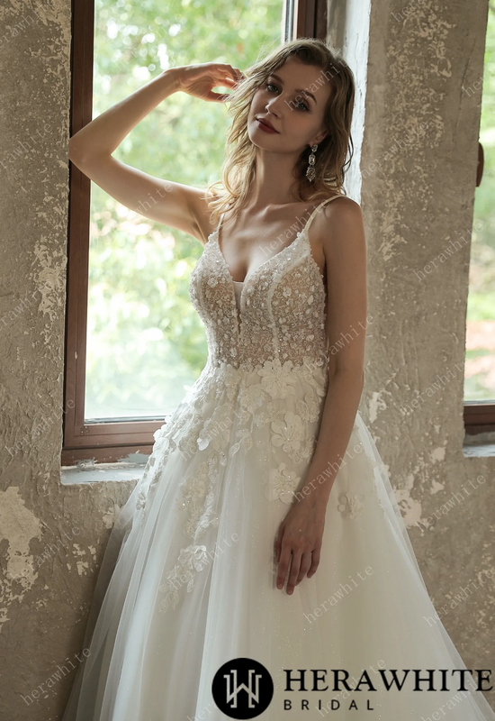 Load image into Gallery viewer, Sparkly Sequined Floral Tulle Ball Gown With V-neck
