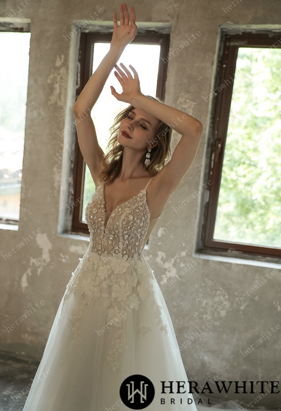 Load image into Gallery viewer, Sparkly Sequined Floral Tulle Ball Gown With V-neck
