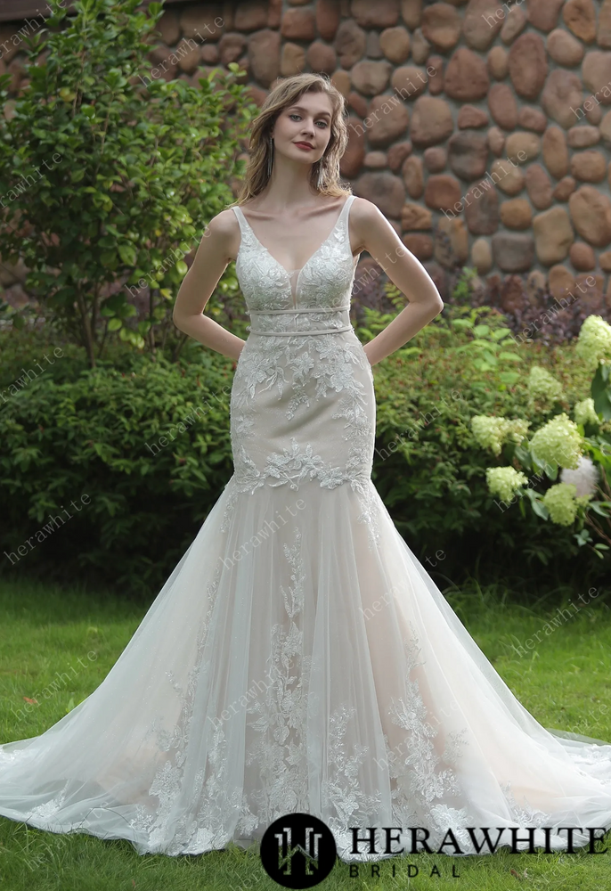 
                      
                        Plunging Sweetheart Beaded Mermaid Gown With Double Band
                      
                    