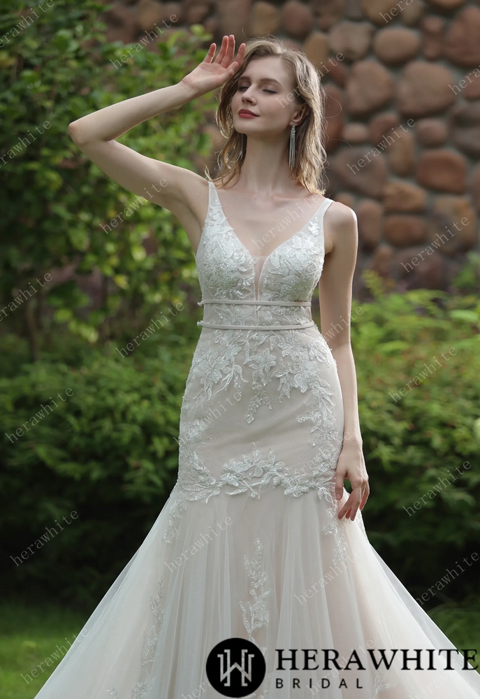 
                      
                        Plunging Sweetheart Beaded Mermaid Gown With Double Band
                      
                    