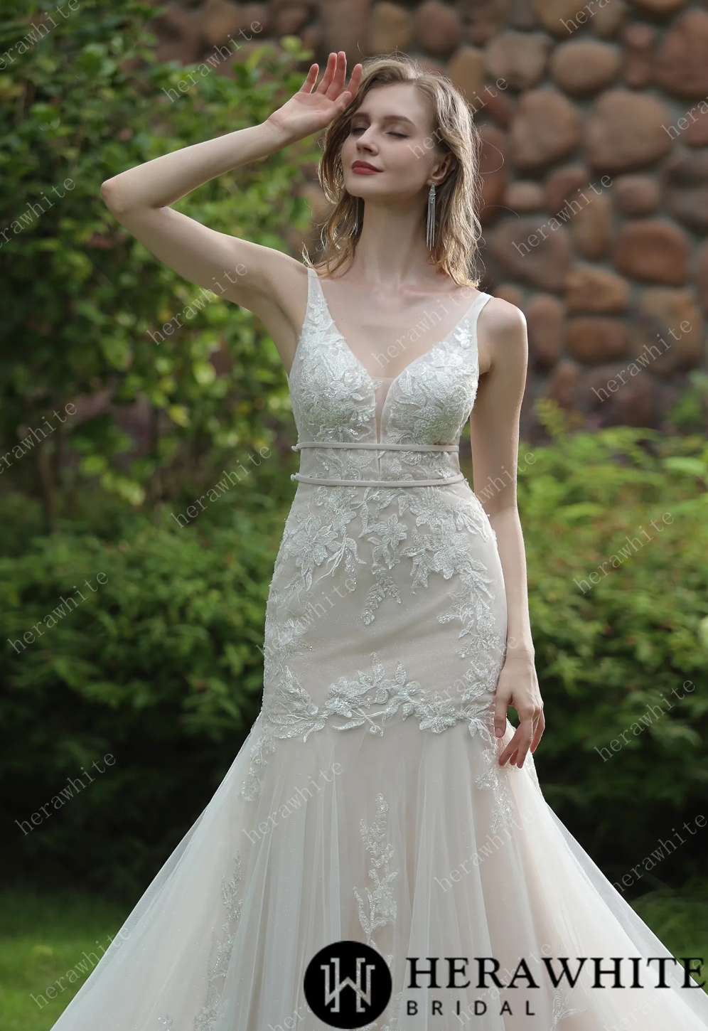 Plunging Sweetheart Beaded Mermaid Gown With Double Band