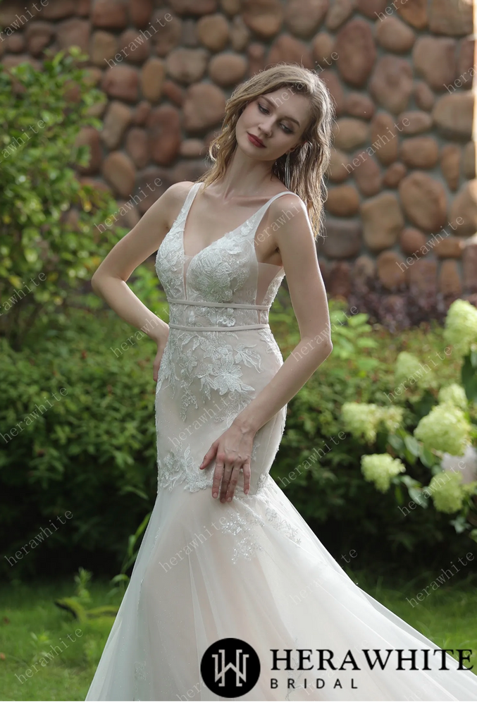 
                      
                        Plunging Sweetheart Beaded Mermaid Gown With Double Band
                      
                    