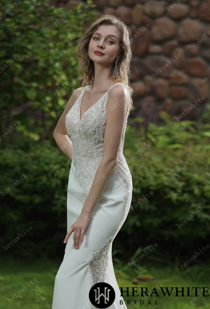 
                      
                        Beaded Fit And Flare Dress With V Neckline And Crepe Skirt
                      
                    