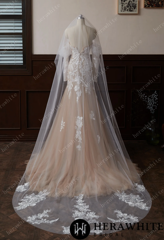 
                      
                        Cathedral Length Whimsical Lace Bridal Veil With Vintage Vibes
                      
                    