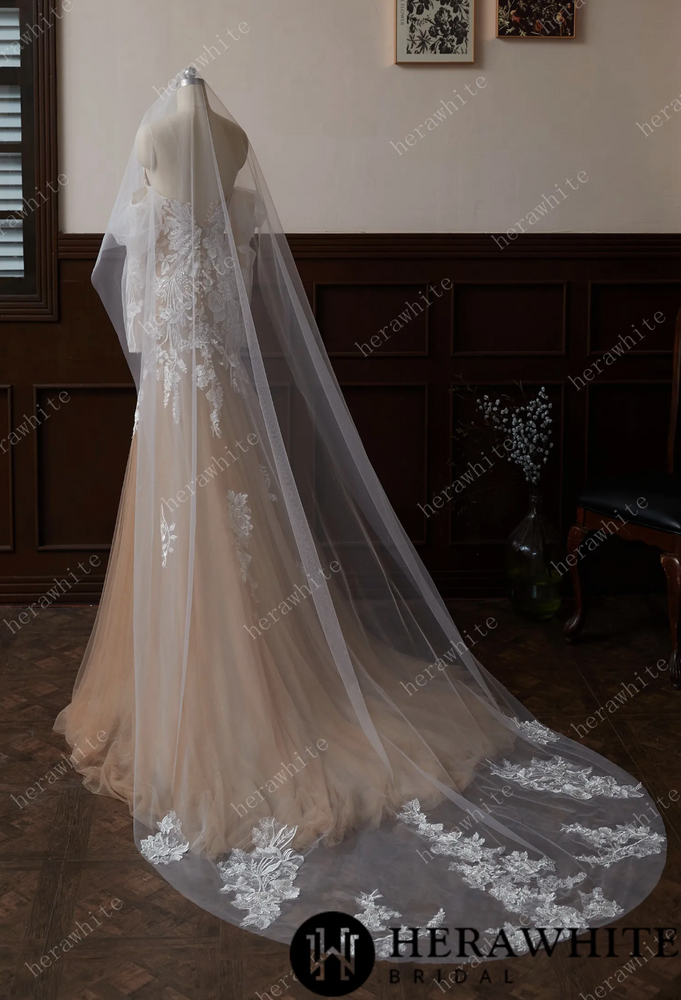 
                      
                        Cathedral Length Whimsical Lace Bridal Veil With Vintage Vibes
                      
                    