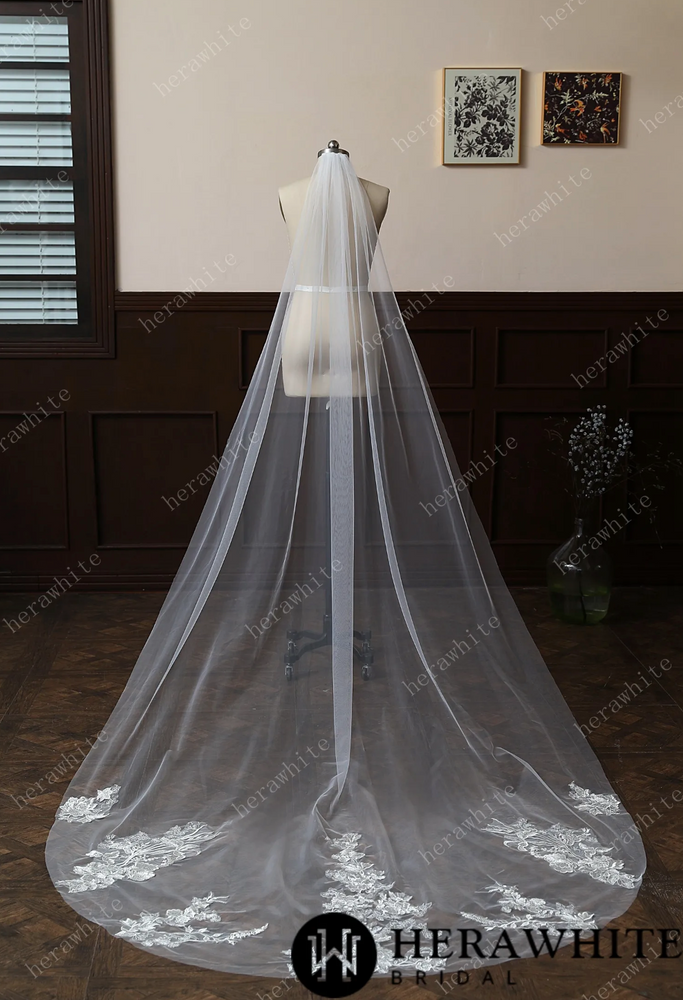 
                      
                        Cathedral Length Whimsical Lace Bridal Veil With Vintage Vibes
                      
                    