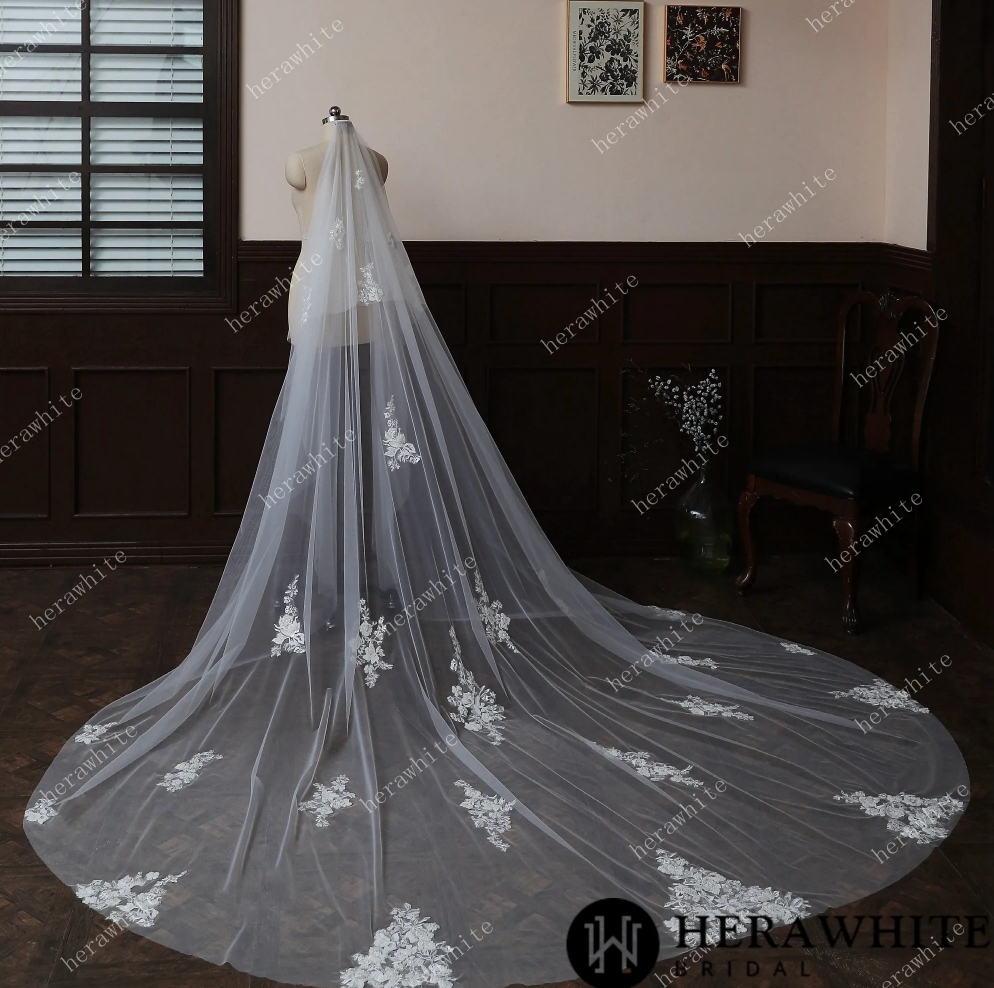 
                      
                        Waltz Length Wedding Veil With Romantic Lace Motifs
                      
                    