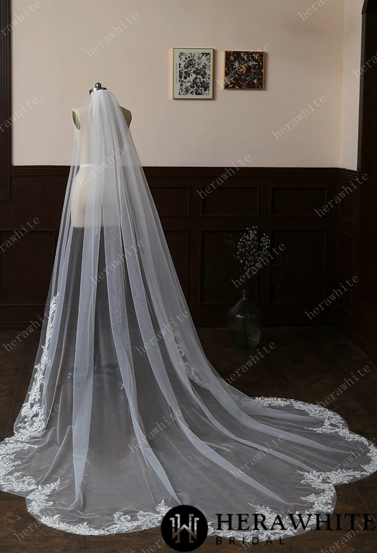 Load image into Gallery viewer, Garden Inspired Lace Edged Cathedral Length Bridal Veil
