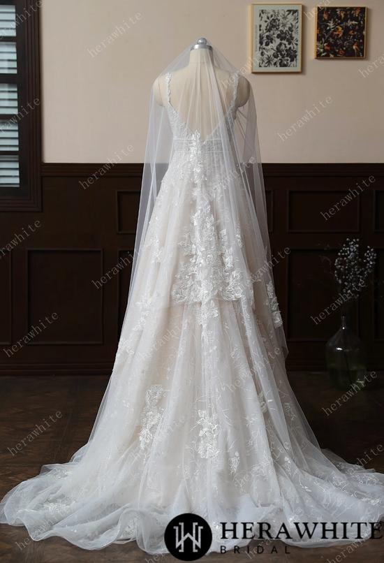 Embellished Floral Fingertip Length Lace Bridal Veil