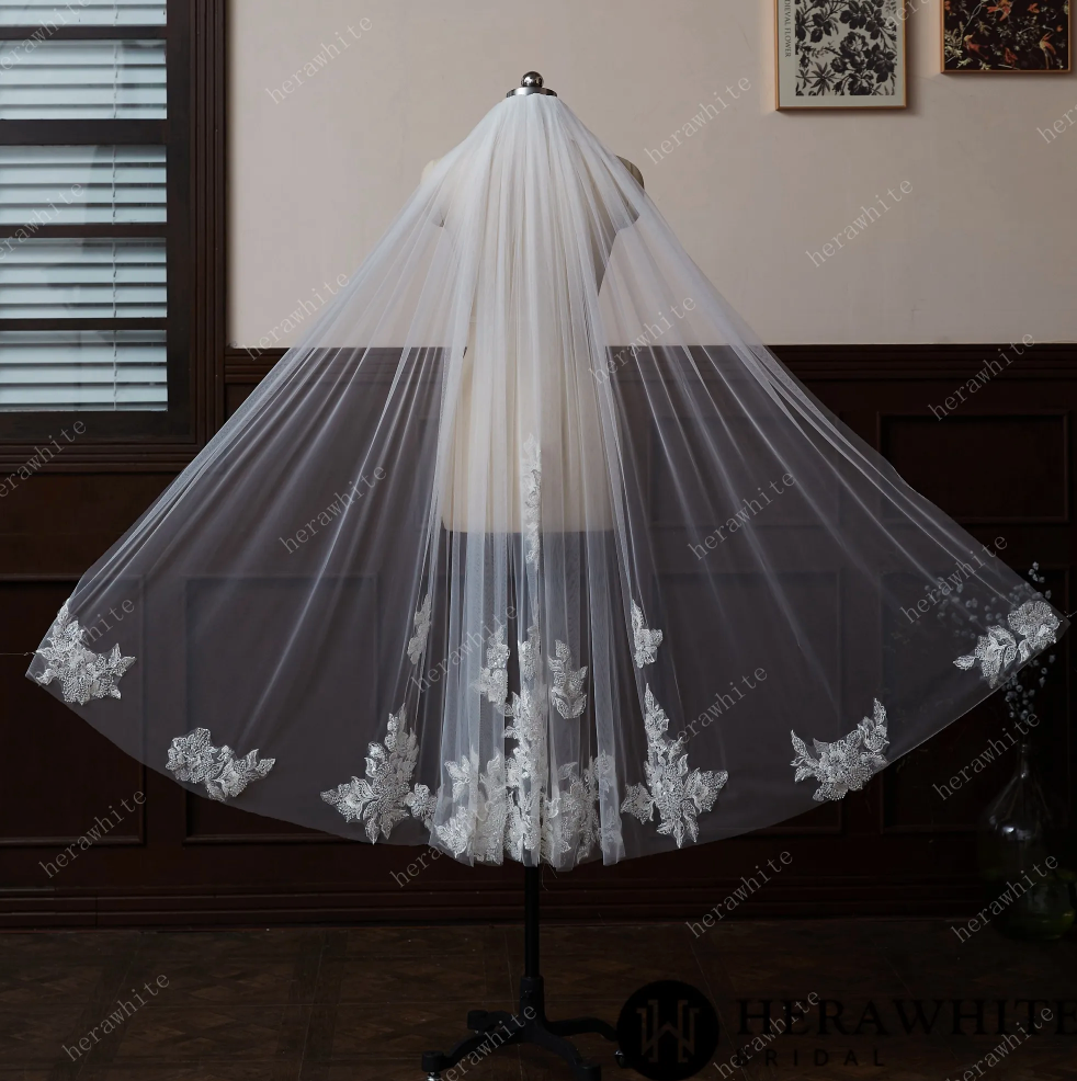 
                      
                        Embellished Floral Fingertip Length Lace Bridal Veil
                      
                    