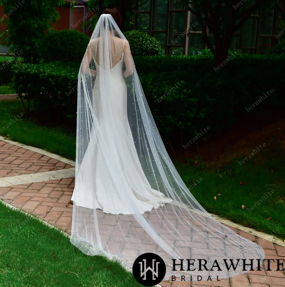 Waltz-Length Bridal Veil Scattered With Pearls