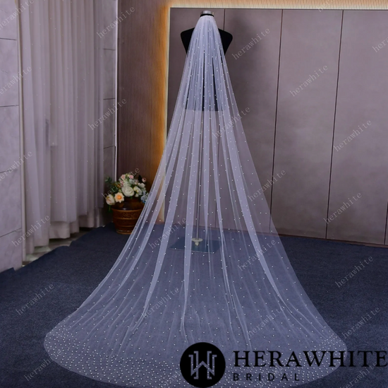 Waltz-Length Bridal Veil Scattered With Pearls