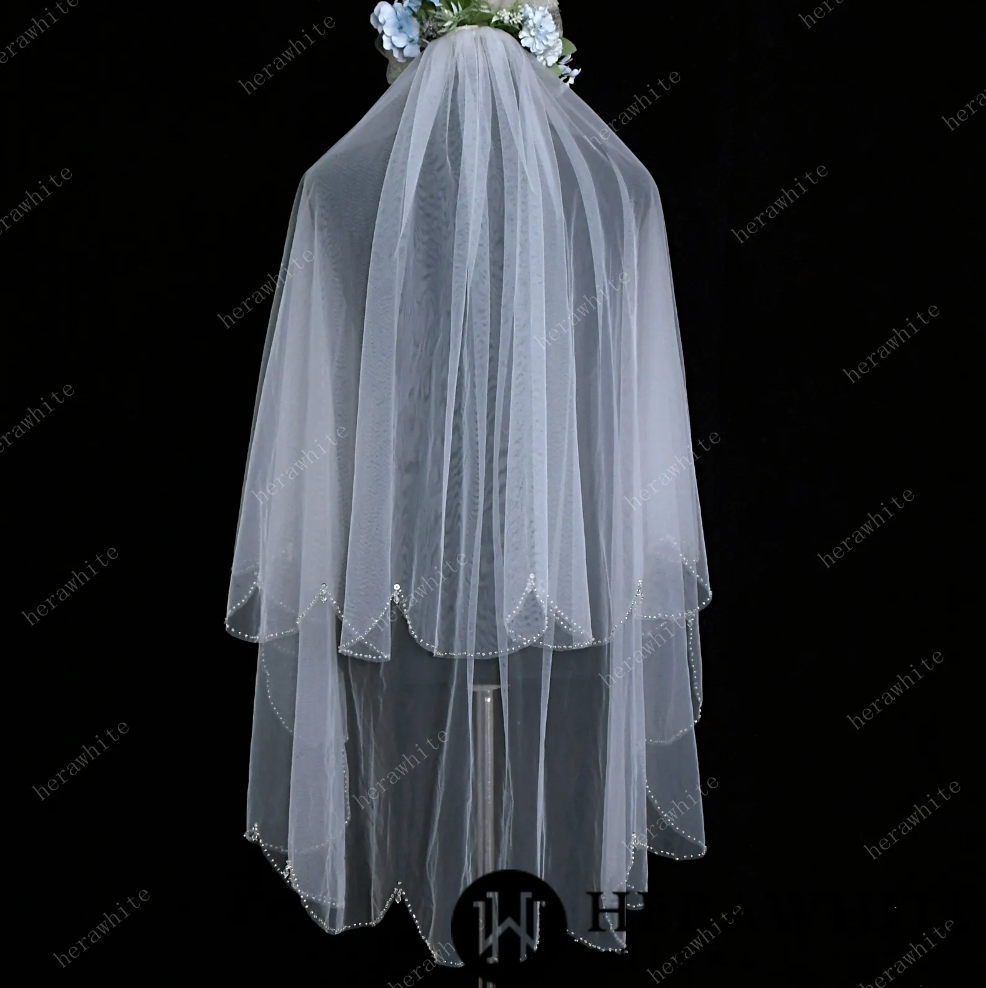 
                      
                        Beaded Two-tiered Fingertip Length Wedding Veil
                      
                    