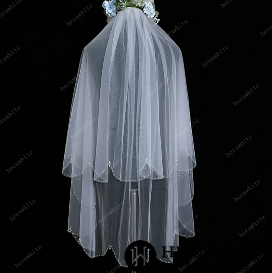 Load image into Gallery viewer, Beaded Two-tiered Fingertip Length Wedding Veil
