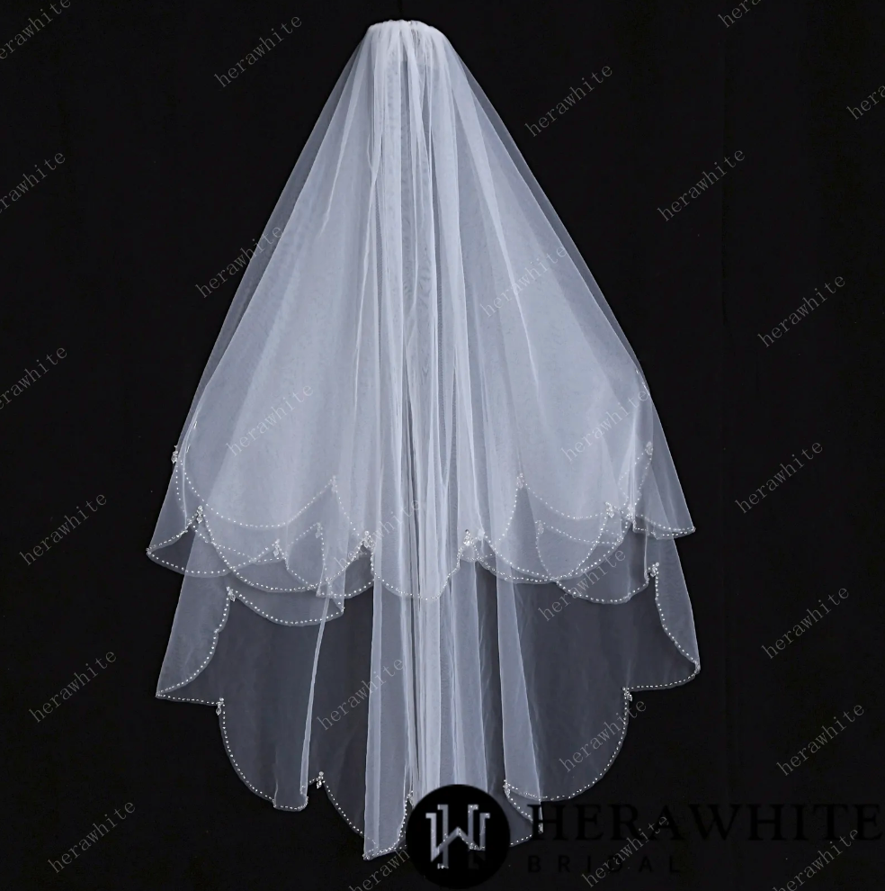 
                      
                        Beaded Two-tiered Fingertip Length Wedding Veil
                      
                    