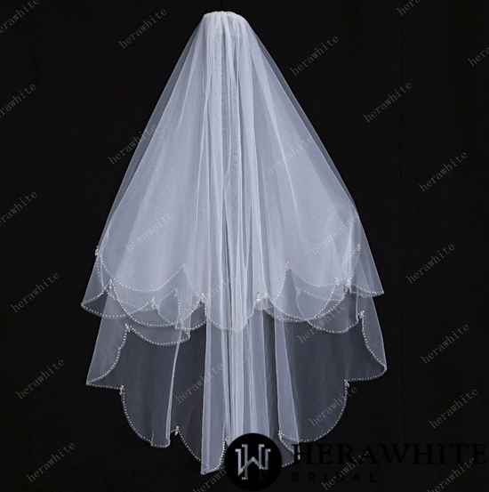 Load image into Gallery viewer, Beaded Two-tiered Fingertip Length Wedding Veil
