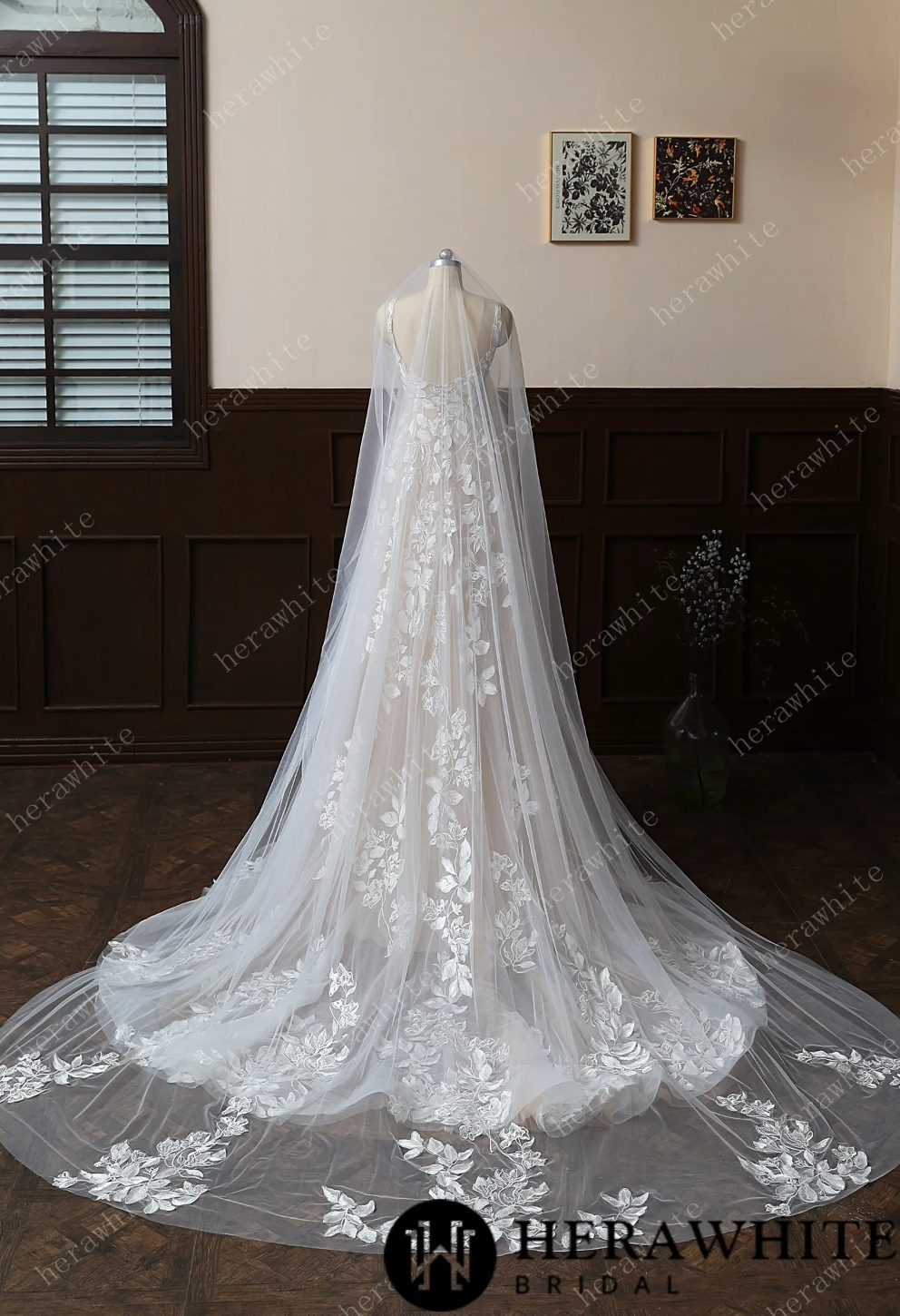 Flowers Adorned Long Bridal Veil Cathedral Length Wedding Veil