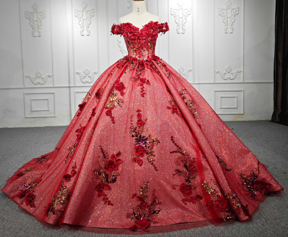 Red Flower Quinceañera Dress