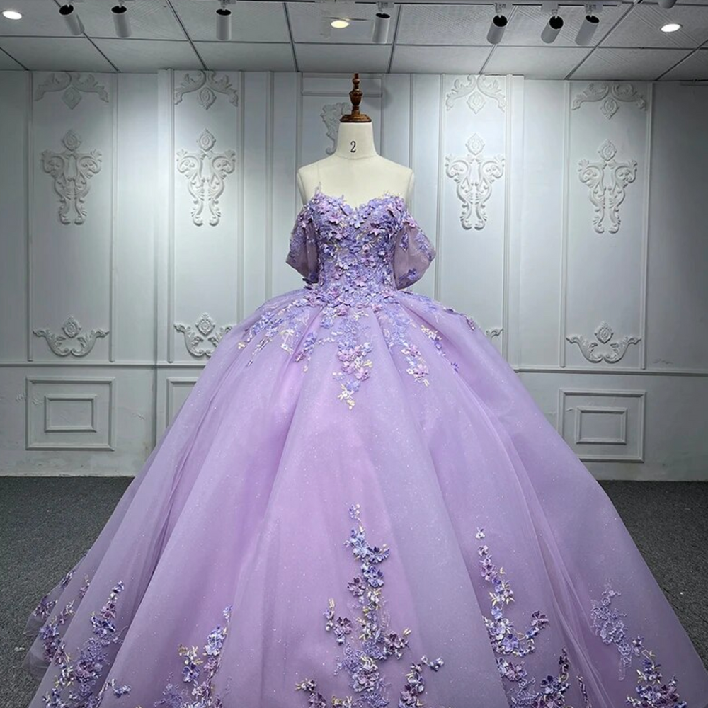 Purple Quinceanera Flower Bow Ball Gown Dress