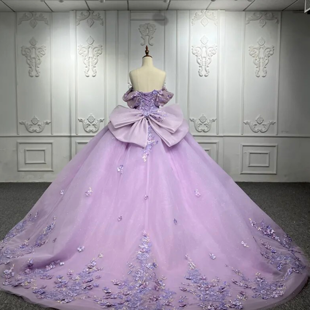 Purple Quinceanera Flower Bow Ball Gown Dress