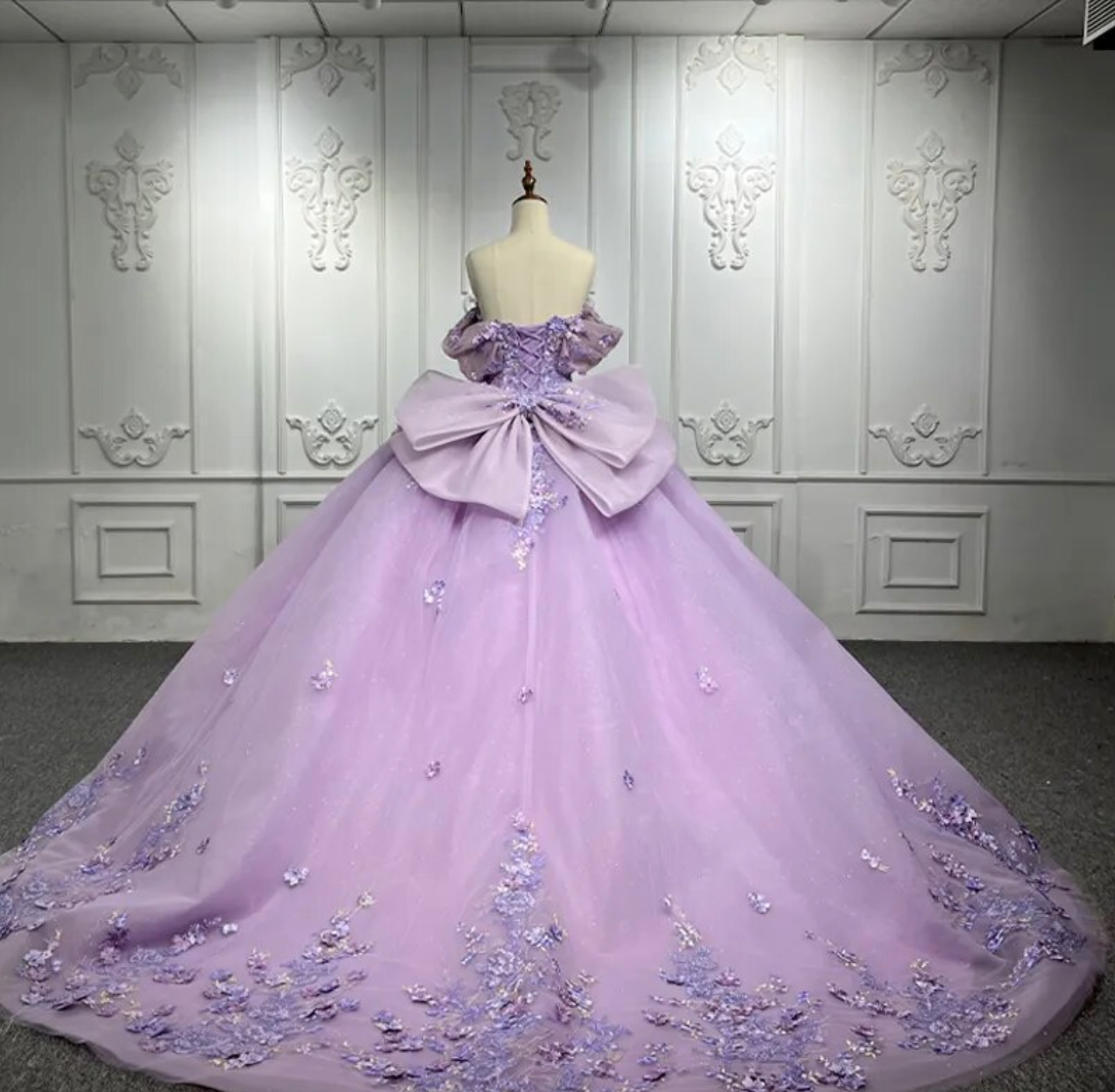 Purple Quinceanera Flower Bow Ball Gown Dress