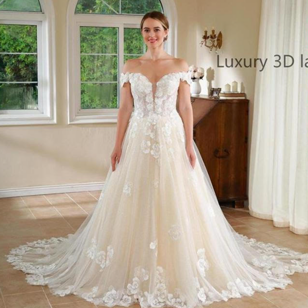 Plunge V Tulle Floral Lace A Line Wedding Dress