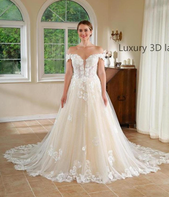 Plunge V Tulle Floral Lace A Line Wedding Dress