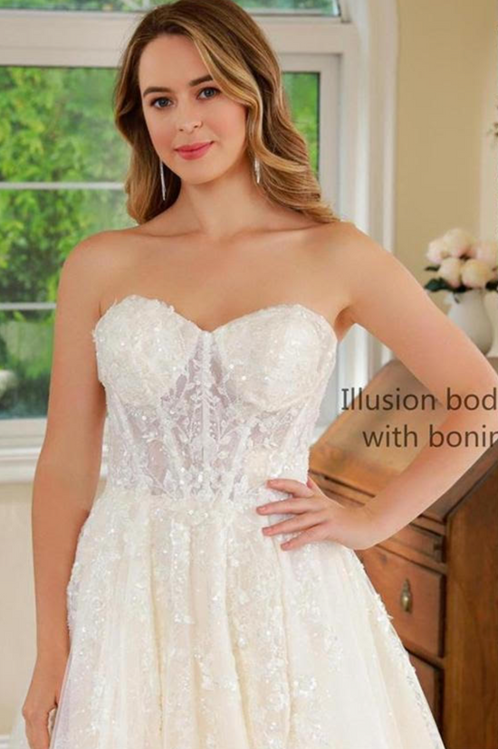Sequined Illusion Lace A Line Bridal Gown