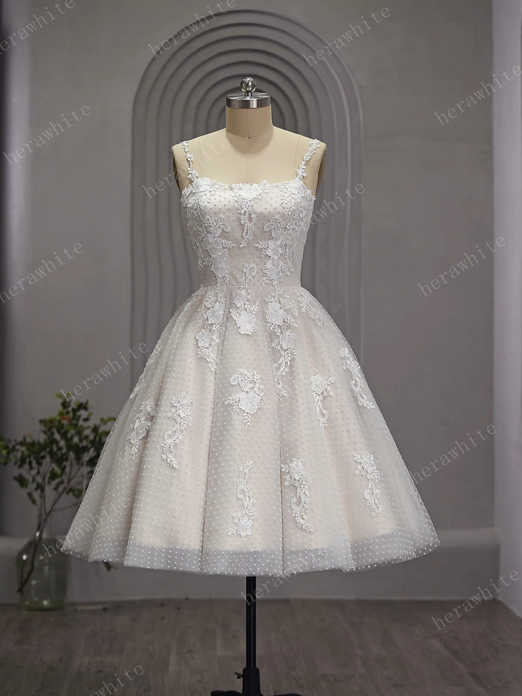 Short Tulle Ballgown Polka Dots Wedding Dress with Straps