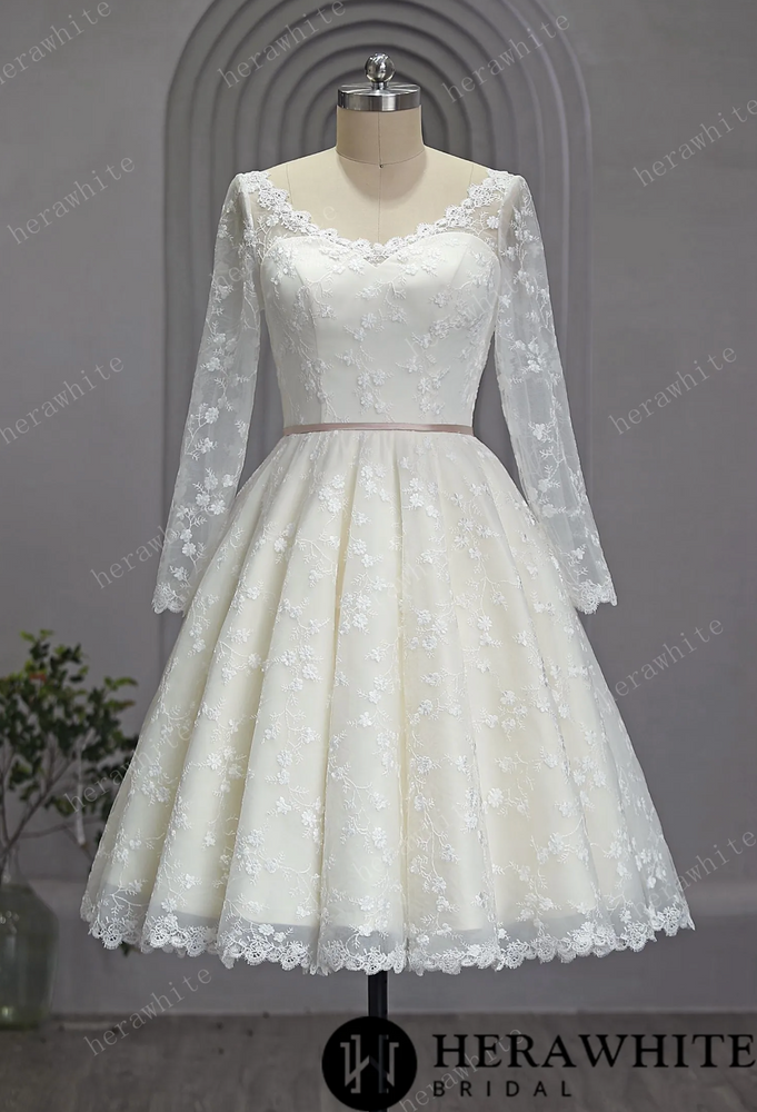 Vintage Lace Wedding Sheer Neckline With Sleeves Tea Length Garden Wedding Dress