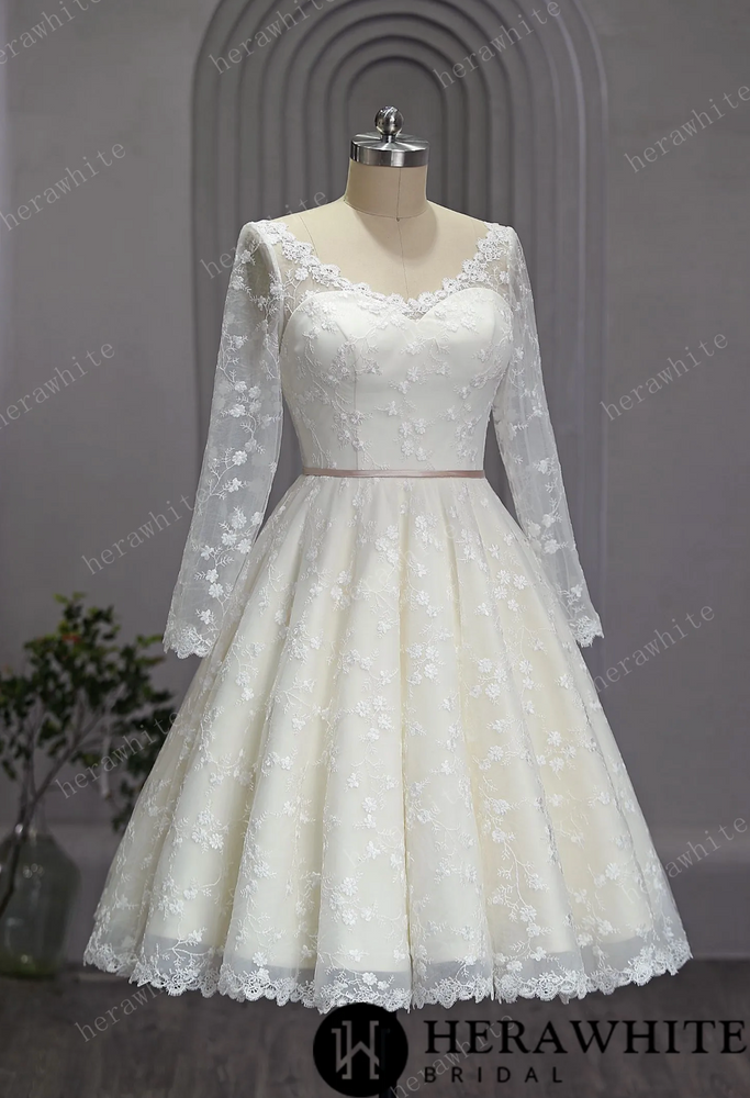 
                      
                        Vintage Lace Wedding Sheer Neckline With Sleeves Tea Length Garden Wedding Dress
                      
                    