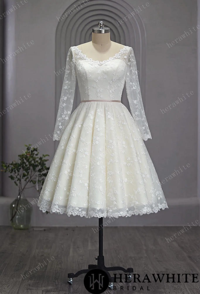 
                      
                        Vintage Lace Wedding Sheer Neckline With Sleeves Tea Length Garden Wedding Dress
                      
                    